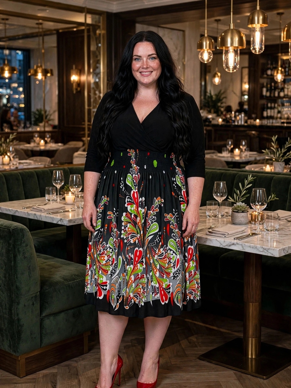 Chao Meng Black Floral Fit-and-Flare Dress With 3/4 Sleeves